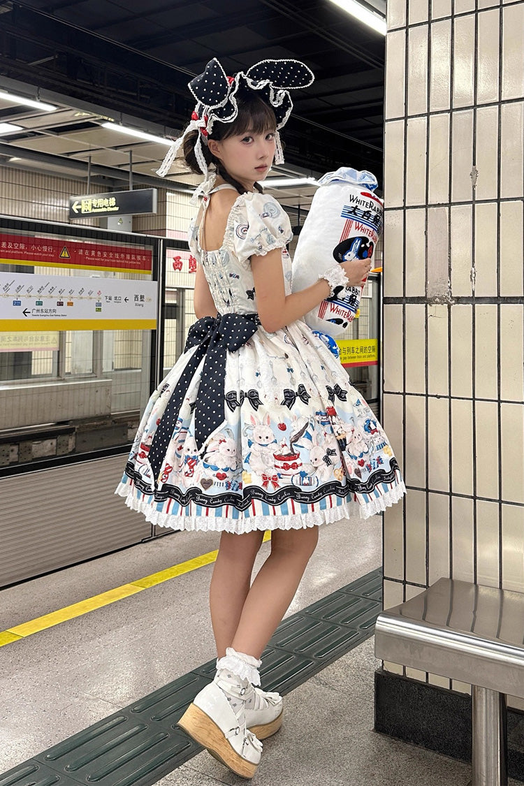 Mystery Rabbit Tea Party Square-Collar Short-Sleeved Print Ruffle Bowknot Lace Sweet Lolita Dress in Beige