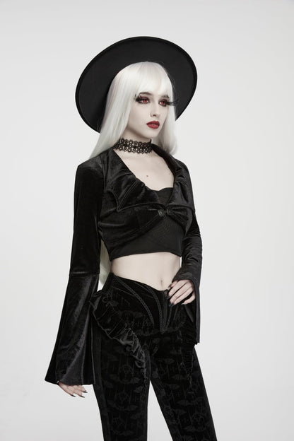 Gothic Short Jacket for Her with Velvet Bat Wing Collar and Flare Sleeves