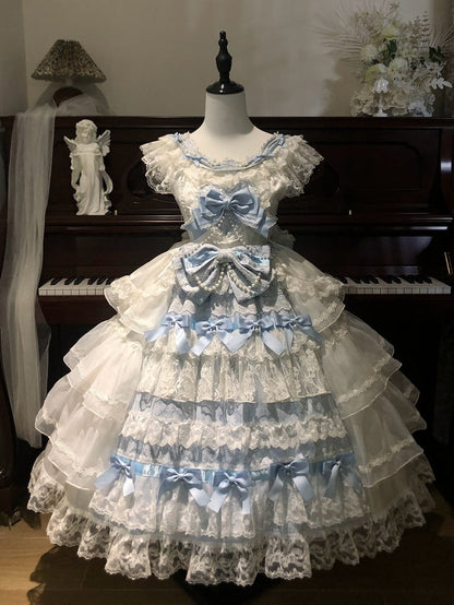 White and Blue Hanayome Bows Decoration Tiered Skirt Hime Lolita Dress