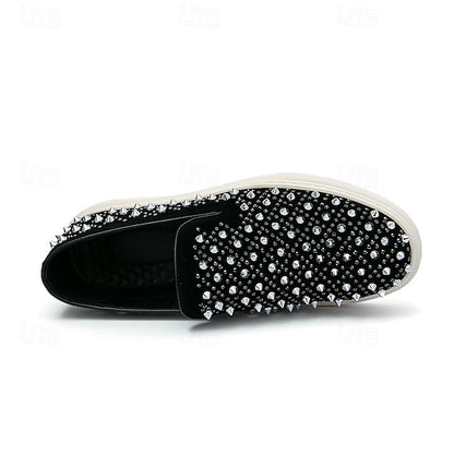 Men's Black Slip-On Shoes with Pearl Detailing - Elegant
