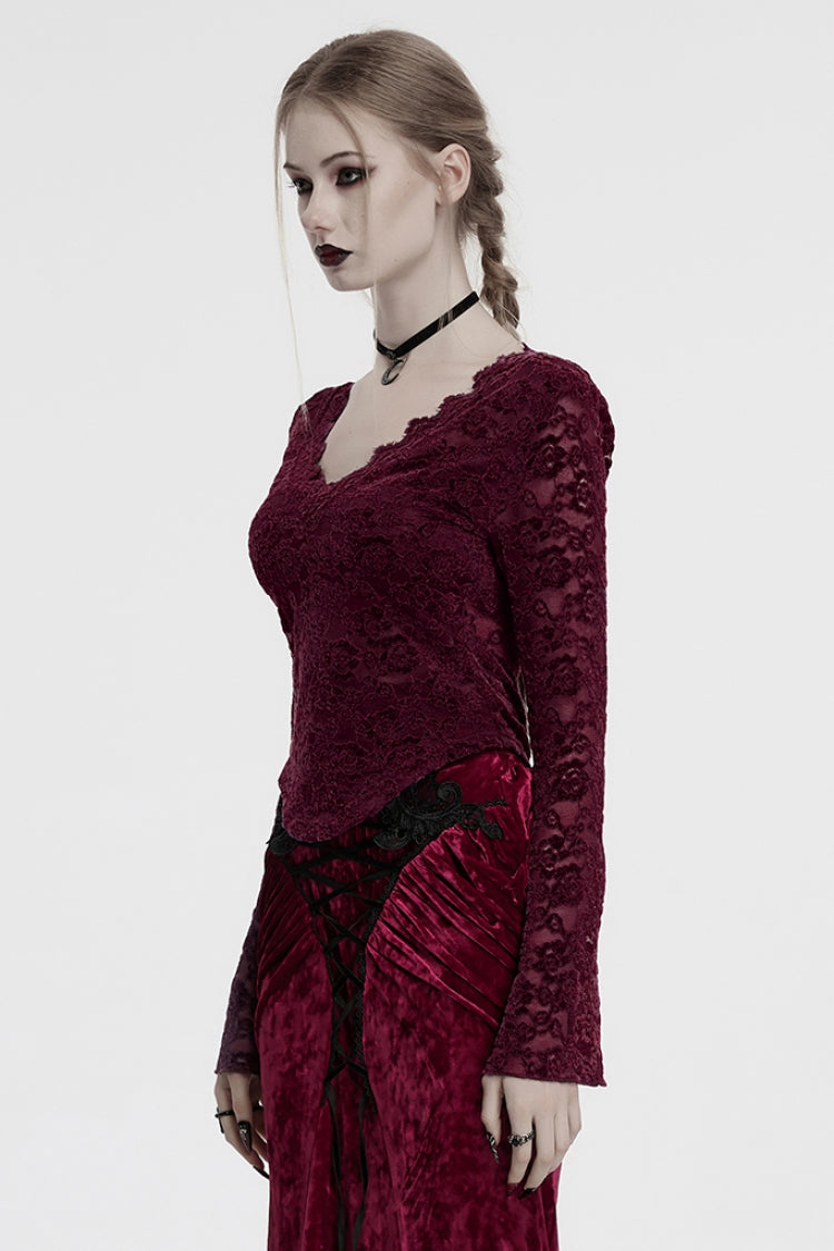 V Collar Long Sleeve Lace Sheer Gothic Blouse for Women