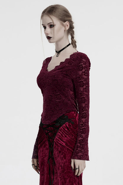 V Collar Long Sleeve Lace Sheer Gothic Blouse for Women