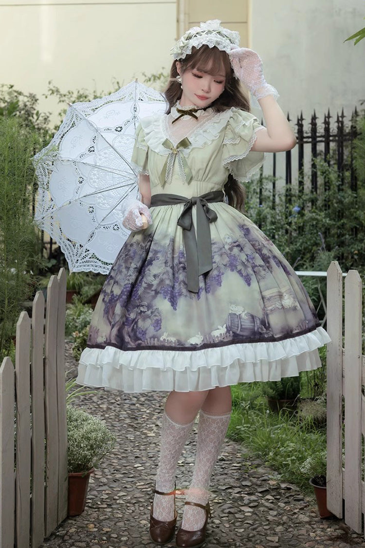Multi-Color Short Sleeves Vineyard Print Ruffle Bow Sweet Princess Lolita Dress