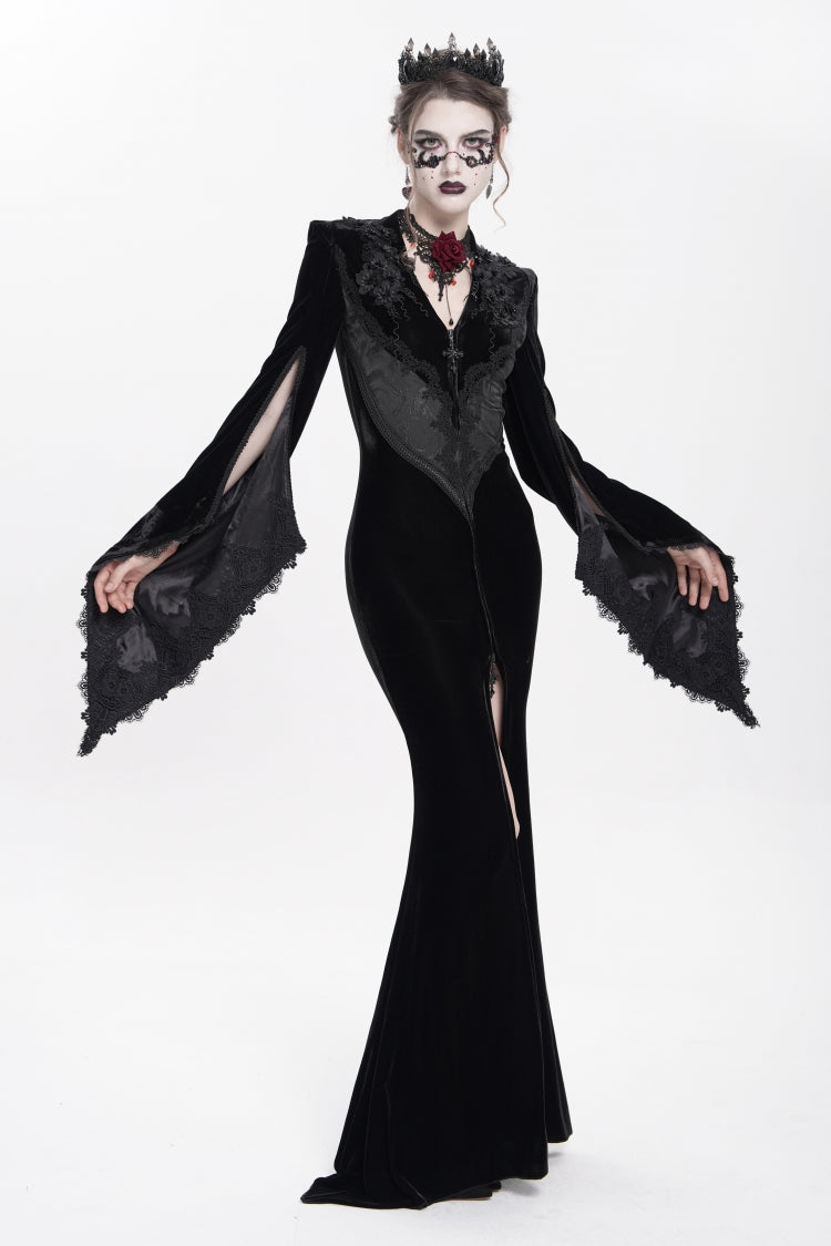 V Collar Trumpet Sleeve Floral Embroidered Velvet Gothic Dress