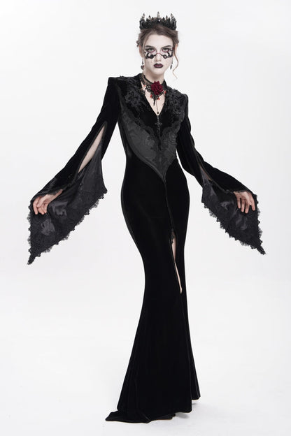 V Collar Trumpet Sleeve Floral Embroidered Velvet Gothic Dress
