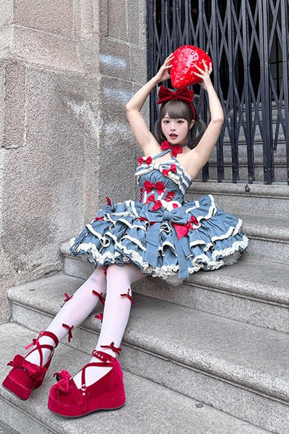 Halterneck Sleeveless Triple-Ruffle Laced JSK with Bow