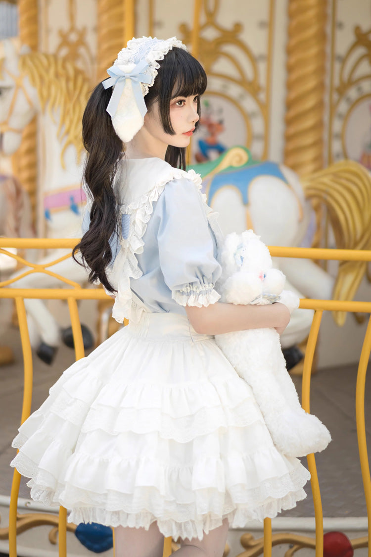 White and Blue Doll-Collar Short-Sleeved Multi-Layer Ruffled Sweet Princess Lolita Skirt Set