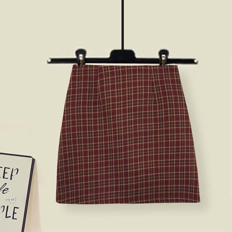 Bow Knot Decor Red Sweater Plaid Skirt Set