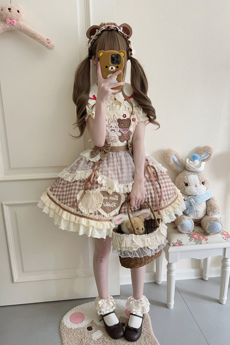 Rabbit Bear Plaid Ruffle Bow Sweet Lolita Skirt with Blouse