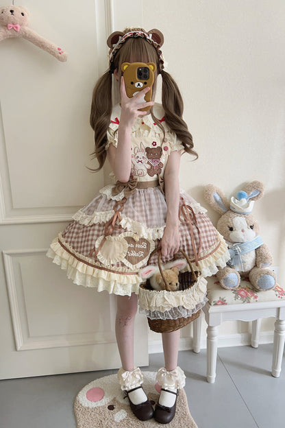 Rabbit Bear Plaid Ruffle Bow Sweet Lolita Skirt with Blouse