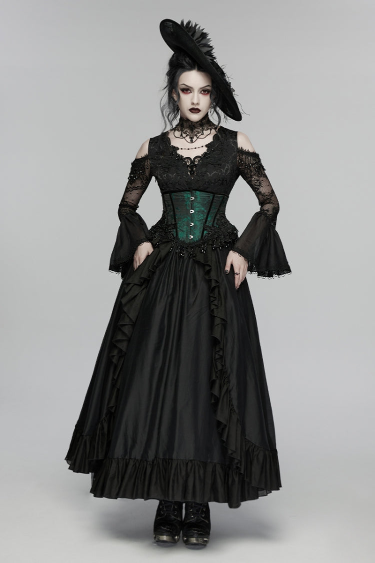 V Collar Trumpet Sleeve Double-Layered Hanayome Cut-Out Lace Lace-Up Pearl Pleated Gothic Palace Dress