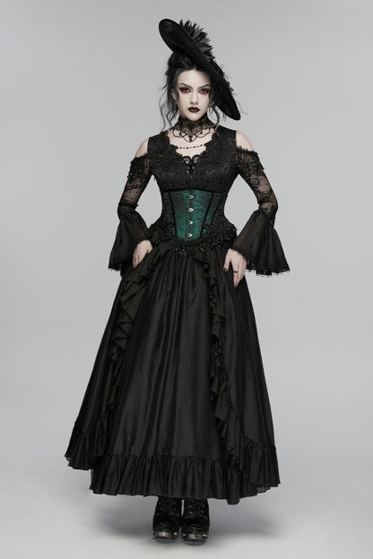 V Collar Trumpet Sleeve Double-Layered Hanayome Cut-Out Lace Lace-Up Pearl Pleated Gothic Palace Dress