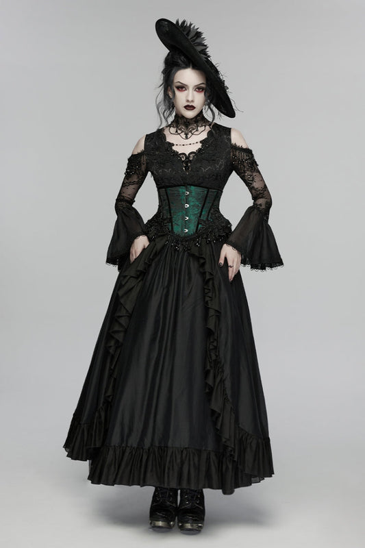 V Collar Trumpet Sleeve Double-Layered Hanayome Cut-Out Lace Lace-Up Pearl Pleated Gothic Palace Dress