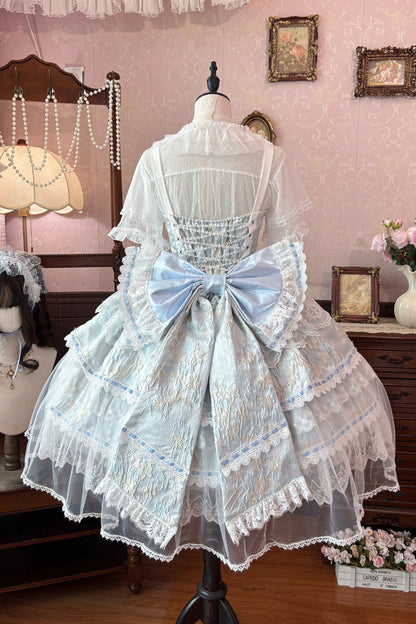 Square-Collar Embroidered Plus-Size JSK Set with Layered Ruffles