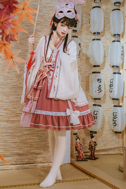 Multi-Layered Ruffled Wide-Sleeved Sweet Lolita OP Dress in Beige and Pink