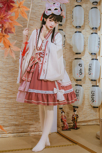 Multi-Layered Ruffled Wide-Sleeved Sweet Lolita OP Dress in Beige and Pink