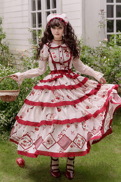 Red Beige Triple-Layer Apple Orchard Print Ruffle Embroidered Long Skirt