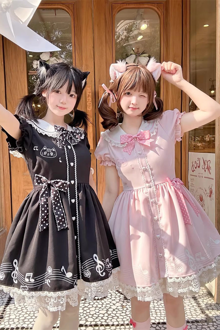 Rose Melody Kitty Doll Collar Short Sleeve Ruffled Embroidered Bow Lace Sweet Lolita Dress
