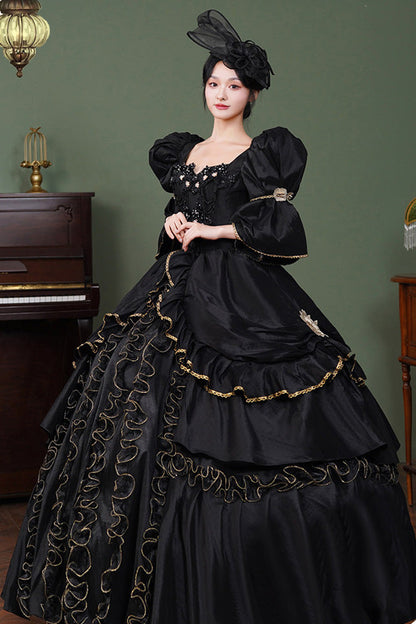 Square Collar Gothic Victorian Dress with Half Trumpet Sleeves and Ruffled Open-Front