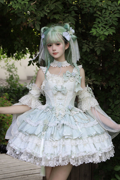 Emerald Prelude of Spring Cherry Square Collar Sleeveless Jacquard Ruffled Bow Lace Pearl Lolita JSK