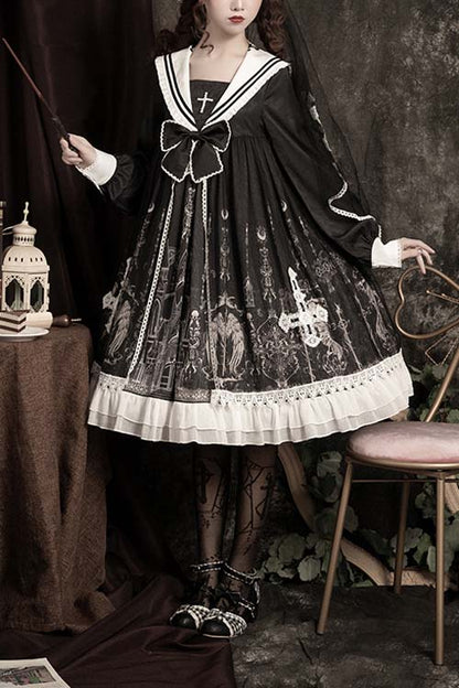 Black Gothic Lolita OP Dress with Cross Print and Chest Bow