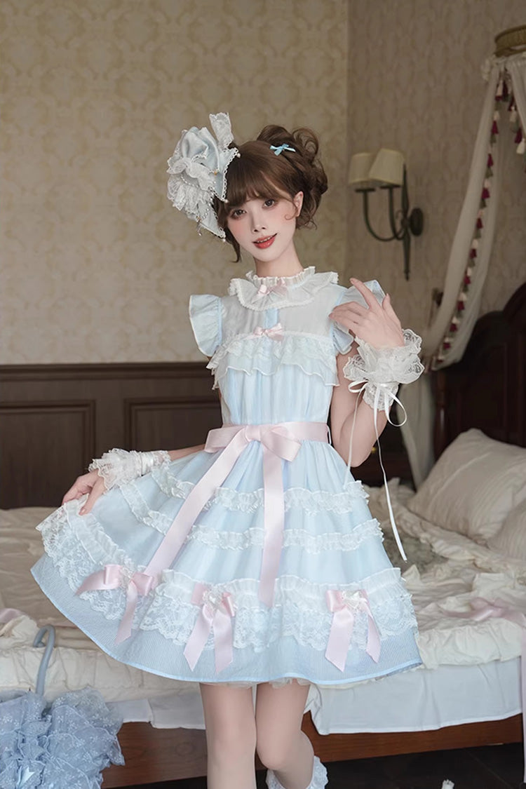 Blue Frosted Cake Stand Collar Sleeveless Ruffle Bow Lace Sweet Japanese Princess Lolita Tiered Dress
