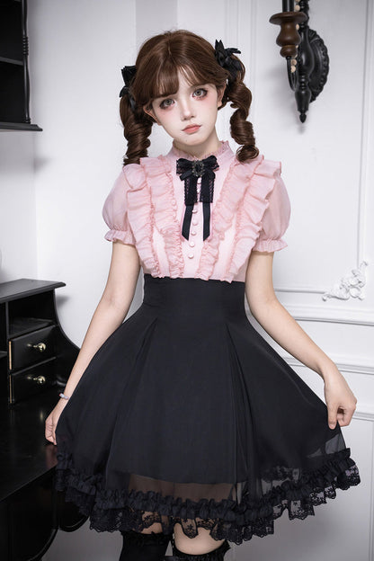 Puff-Sleeve Color-Blocked Faux Two-Piece Sweet Dress