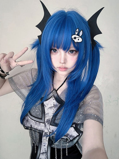 Blue 63CM Length Straight Wig With Full Bangs