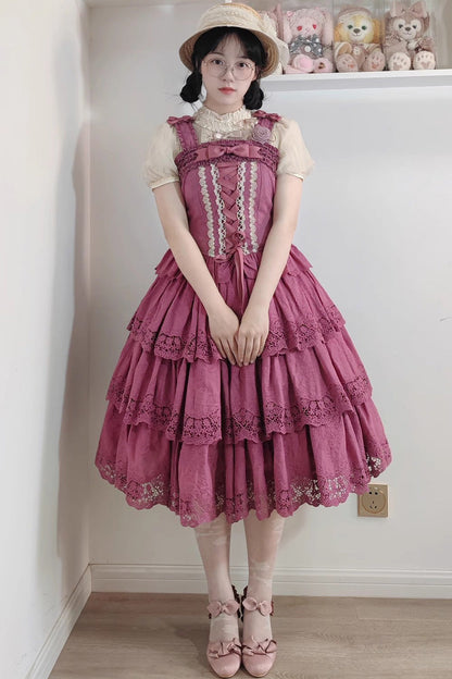 Sweet Elegant Lolita Suspender Top with Embroidery Bowknot and Lace-Up