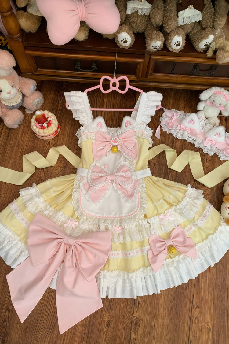Meowling Sweet Maid Sleeveless Multi Layer Ruffle Bow Lace Princess Lolita JSK in Yellow