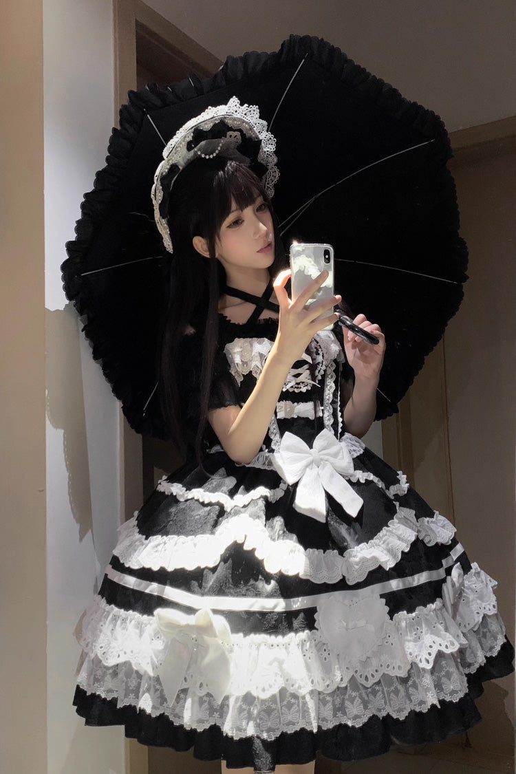 Black White Super Cute Belia Sleeveless Triple-Layered Ruffle Bowknot Lace Gothic Elegant Lolita Jsk Dress
