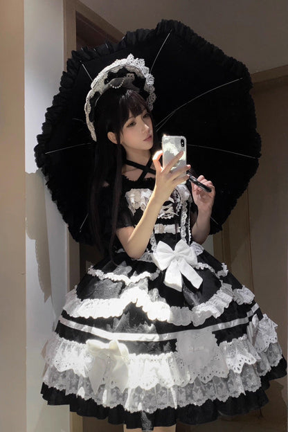 Black White Super Cute Belia Sleeveless Triple-Layered Ruffle Bowknot Lace Gothic Elegant Lolita Jsk Dress