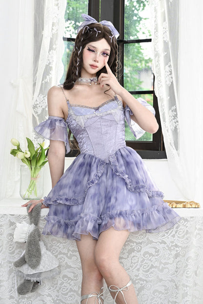 Blue Ruffle Lace Tie-Dye Print Fake Two Piece Sweet Princess JSK Dress