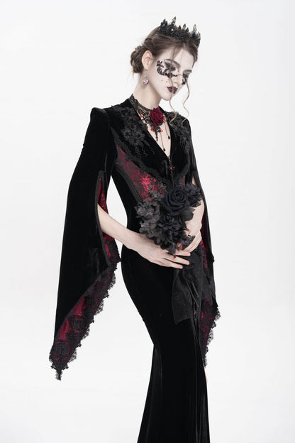 Trumpet Sleeve Floral Embroidered Velvet Gothic Dress