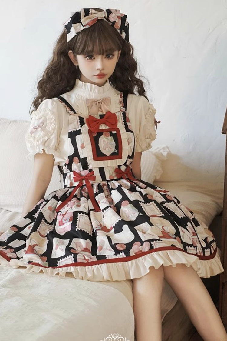 Letter from Showa Rabbit and Letter Print Ruffle Bowknot Sweet Princess Lolita Strap Dress