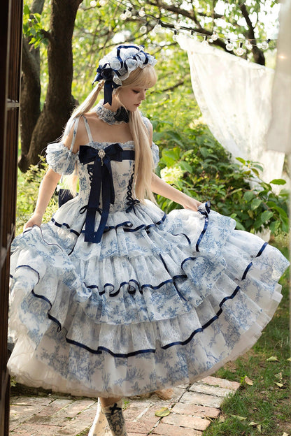 Blue White Sleeveless Multi-Layered Print Bowknot Fishbone Sweet Classic Chinese Style Lolita Jsk Long Dress