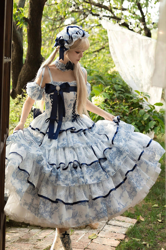 Blue White Sleeveless Multi-Layered Print Bowknot Fishbone Sweet Classic Chinese Style Lolita Jsk Long Dress