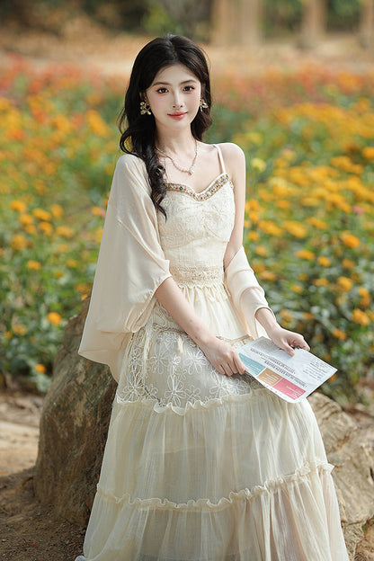 Apricot Bohemian Sleeveless Ruffle Embroidered Sweet Lolita Skirt Set