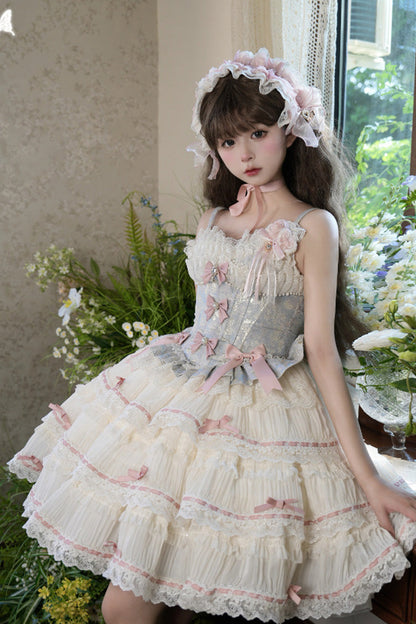 Blue Apricot Sea Salt Souffle Sleeveless Multi-Layer Bow Lace Sweet Ballet JSK Dress