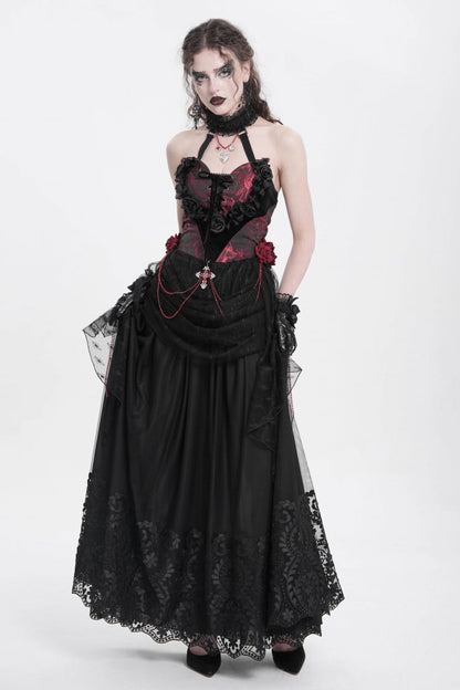 Women's Gothic Floral Mesh Skirt with Black Stitching