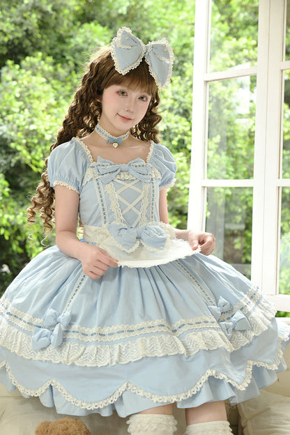 Square-Neck Cotton Dress with Double Ruffle Lace and Lacing