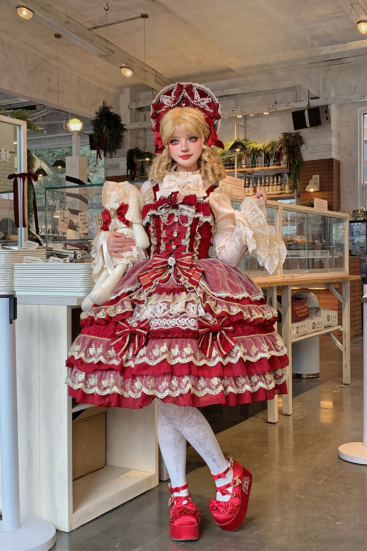 Ruby Gemstone Triple-Layered Bow Lace JSK Dress for Elegant Lolita