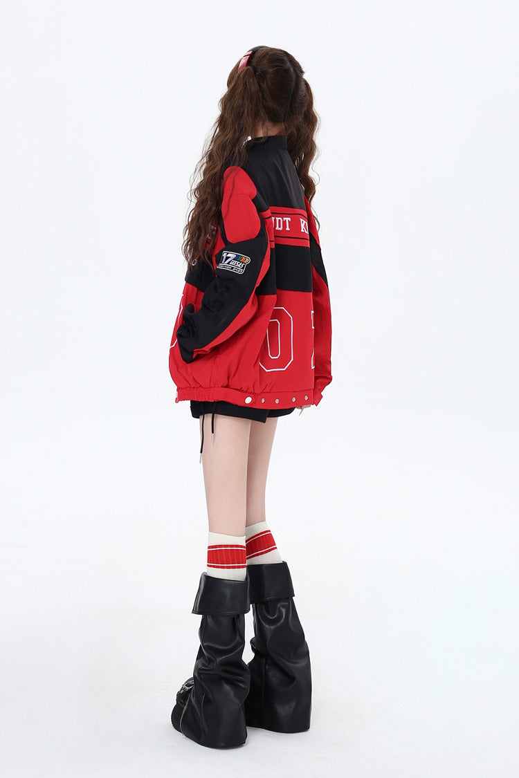 Biker Girl Print Embroidery Zip Detachable Coat Three Colors