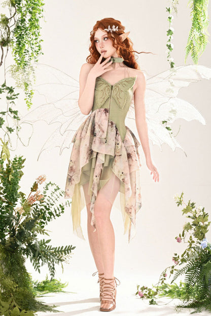Green Forest Wandering 3D Butterfly Embroidery Lace Irregular Sweet JSK Dress