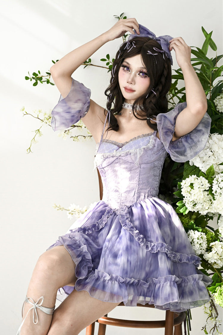 Blue Ruffle Lace Tie-Dye Print Fake Two Piece Sweet Princess JSK Dress