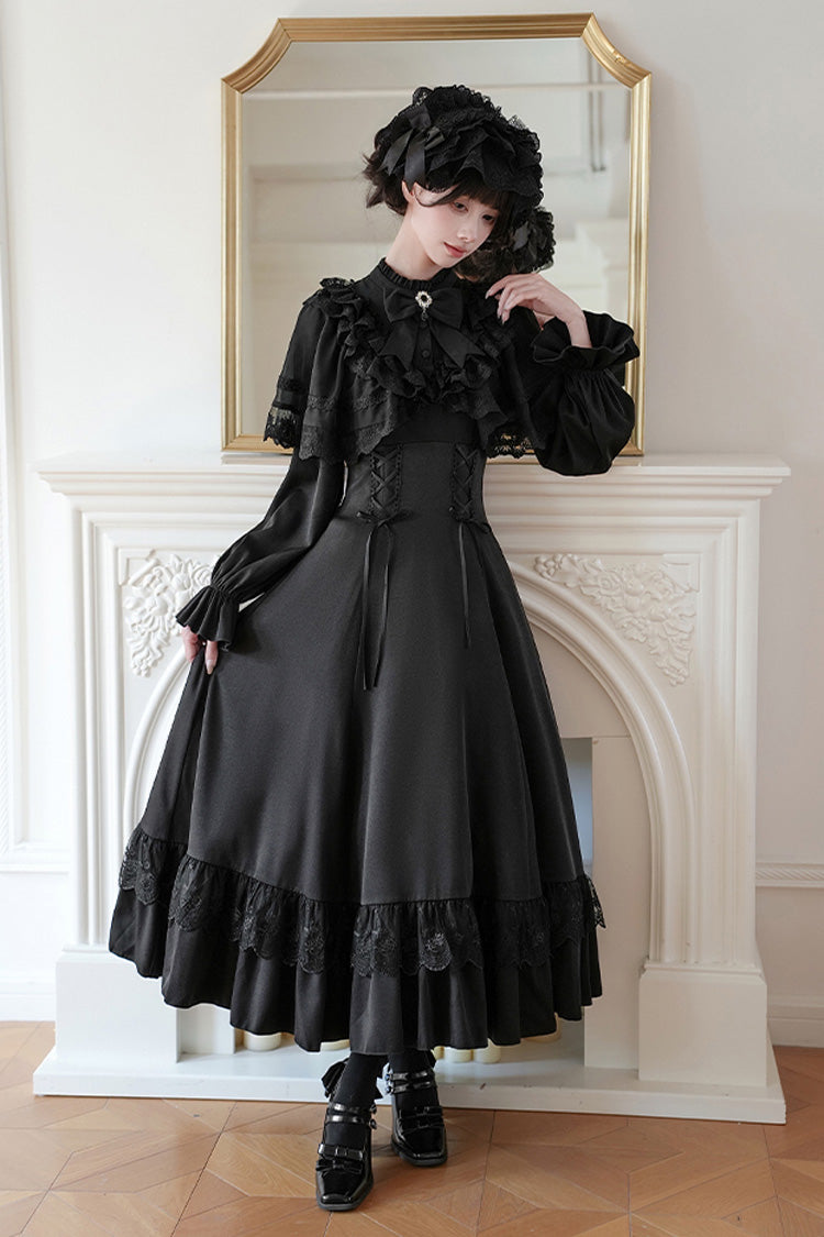 Stand Collar Gothic Dress with Long Sleeves and Lace-Up Ruffled Bow - Letters & Poems · Day and Night