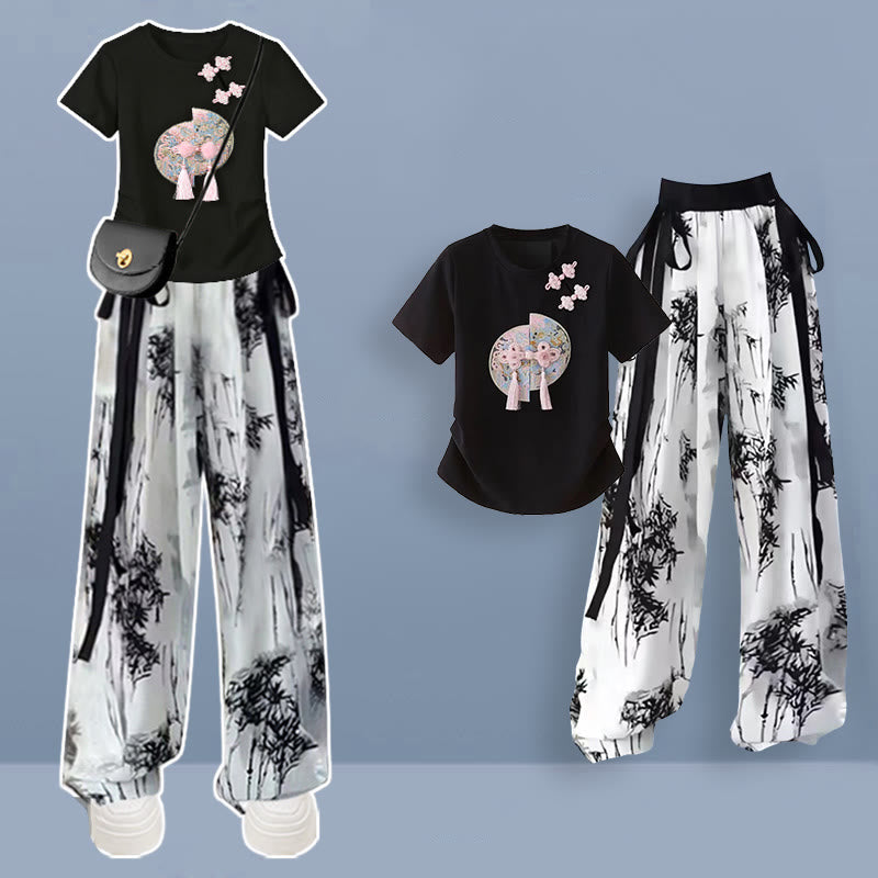 Casual Pink Vintage Painting Pants Buckle Wash T-Shirt