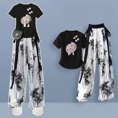 Casual Pink Vintage Painting Pants Buckle Wash T-Shirt