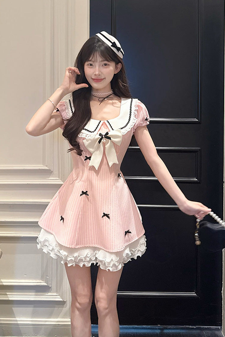 Rose Peach Dream Doll Collar Short Puff Sleeve Vertical Stripe Print Ruffle Bow College Sweet Dress