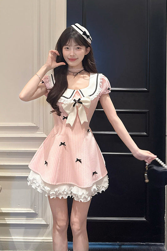 Rose Peach Dream Doll Collar Short Puff Sleeve Vertical Stripe Print Ruffle Bow College Sweet Dress